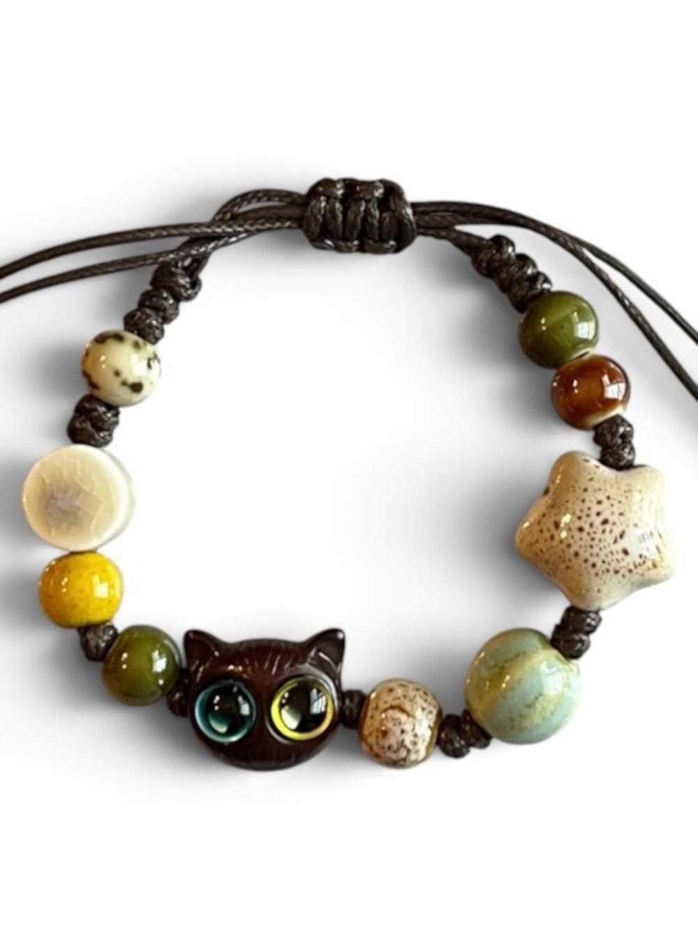 Brown Kitty Cat Bracelet Star Ceramic Beads Aqua Tan Unisex Adjustable